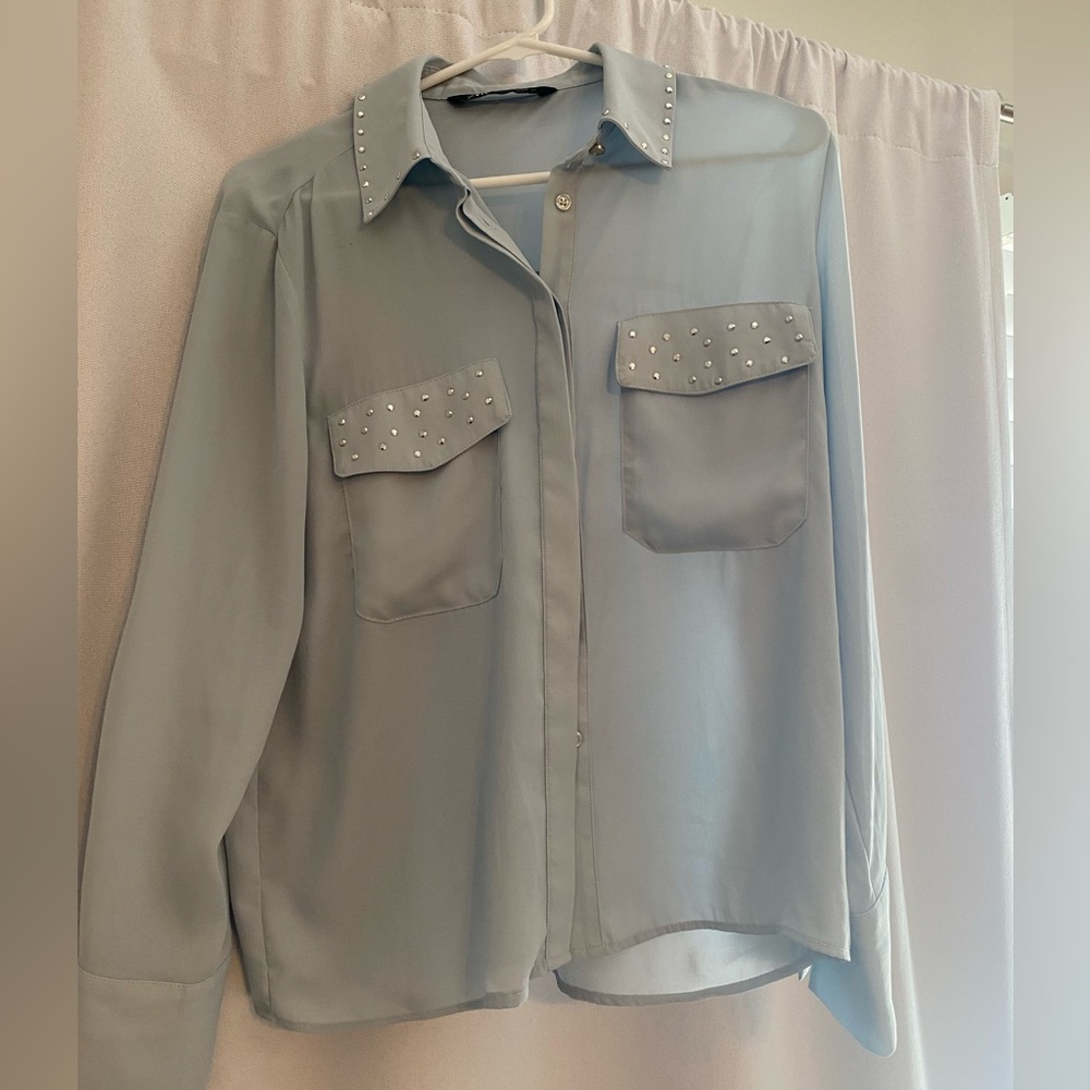Zara Blouse with Stud Detail - Light Blue - Size XS